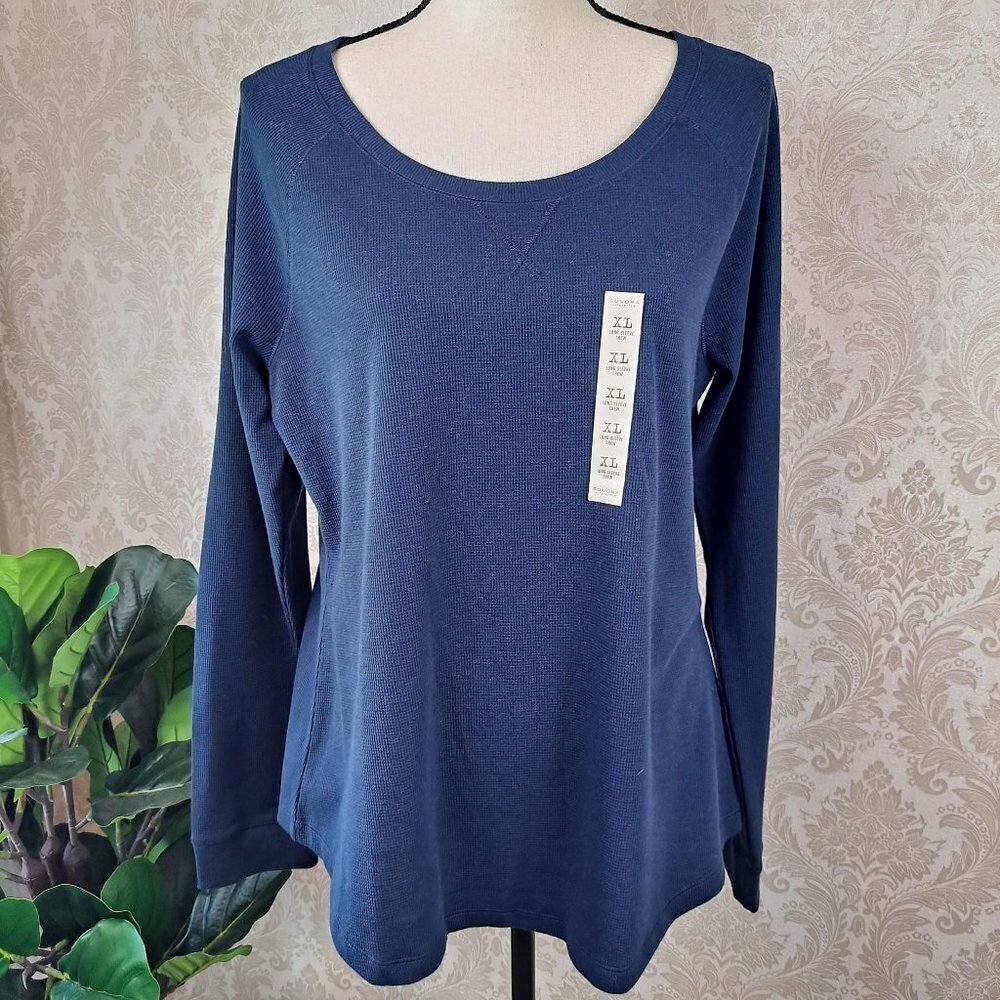 Sonoma Lifestyle Size XL Navy Blue Textured Long Sleeve T-Shirt Crew Neck NWT